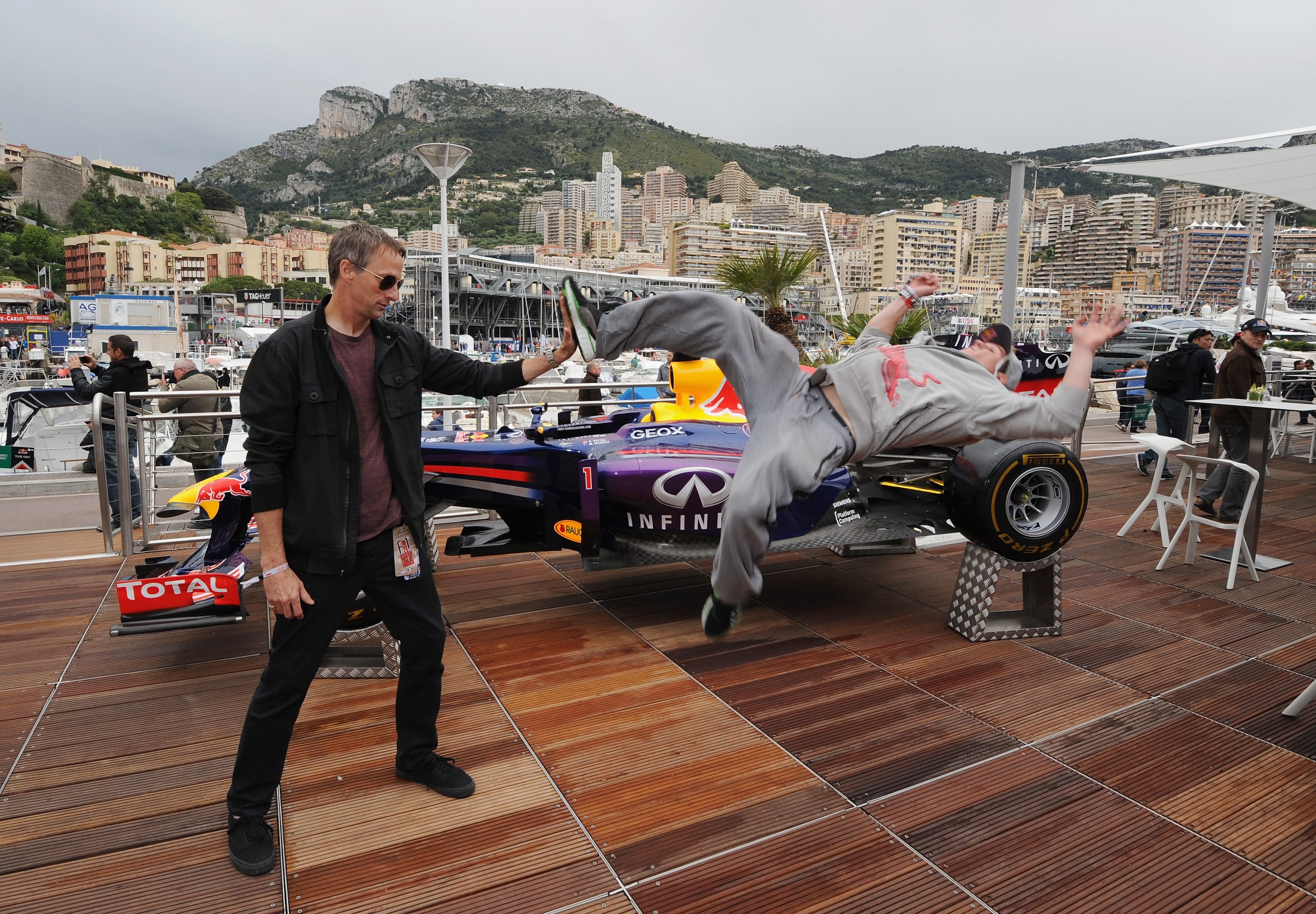 Skateboarder Tony Hawk and Red Bull Athlete Ryan Doyle perform a parkour trick at Circuit de Monaco in Monte-Carlo, Monaco on May 24th, 2013