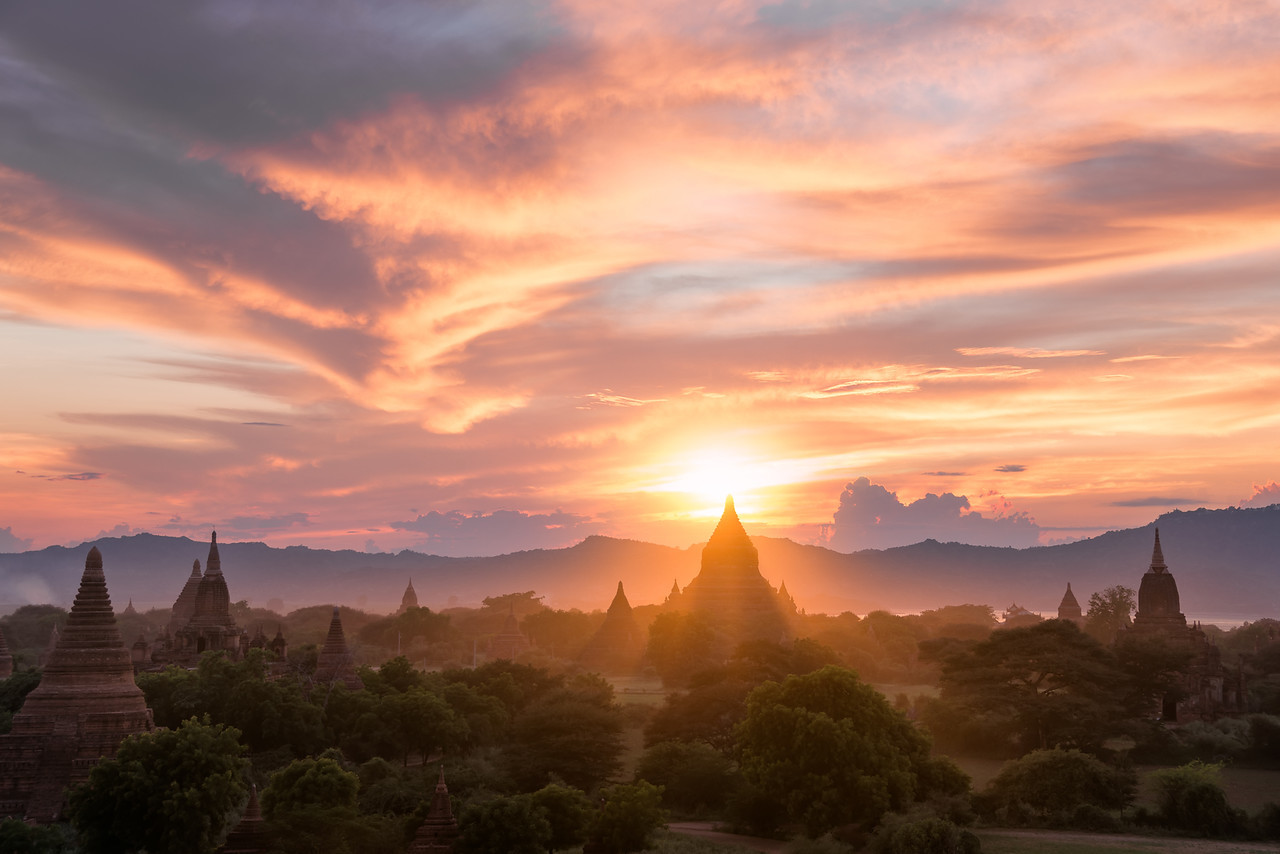 "Sunset behind Mingalazedi Pagoda, one of the many temples in Bagan, Myanmar."