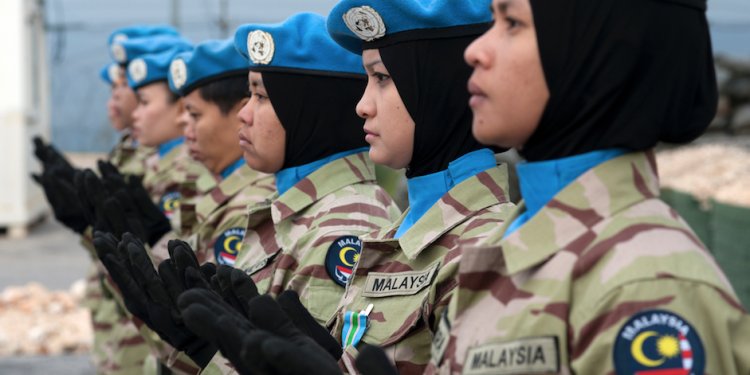 Malaysian women peacekeepers of the UN Interim Force in Lebanon (UNIFIL) at a medal ceremony in Kawkaba, south Lebanon.
