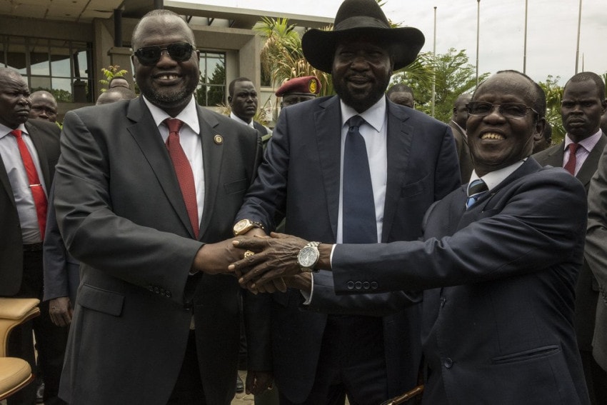 South Sudan Forms Transitional Government of National Unity From left Riek Machar Teny-Dhurgon, First Vice-President of the Republic of South Sudan; President Salva Kiir; and James Wani Igga