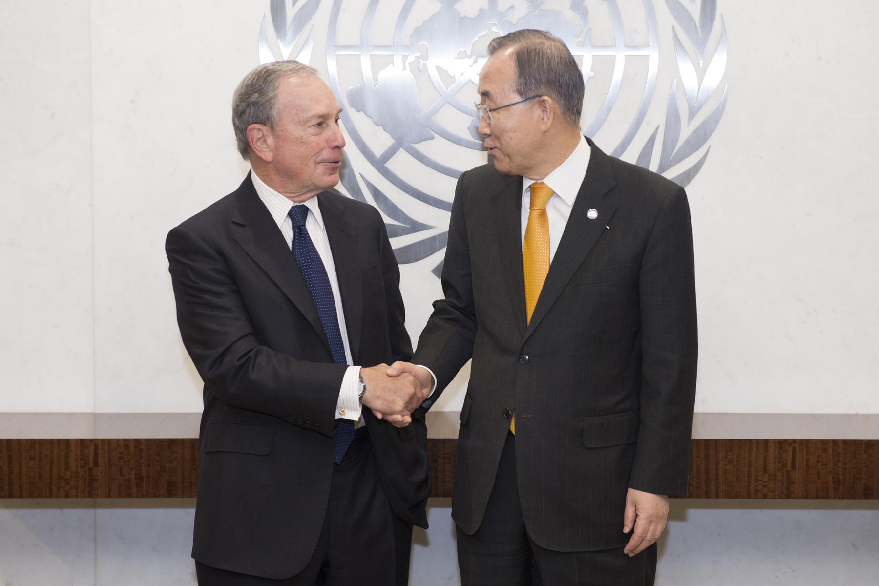 Secretary-General Ban Ki-moon (right) meets with Mr. Michael Bloomberg, Special Envoy of the Secretary-General for Cities and Climate Change.