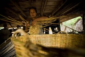 24 June 2006, Pursat - A woman weaving baskets under the house in Thkaol Thom Village in Pursat Province. The baskets are used to transport fish and are sold for about USD $1 for a medium sized one such as this. FAO project SPFP/CMB/6701 - SPFP Cambodia. Within the framework of the Strategy for National Agricultural Development: Horizon 2010 and in line with the specific objectives of the FAO Special Programme for Food Security, the objective of the SPFS programme of Cambodia is: To maximize national food self-reliance and to reduce the risks of disruptive variations in supply by demonstrating and facilitating a rapid increase in agricultural productivity and food production on an economically and environmental sustainable basis. More specifically the immediate objectives of the pilot phase of the SPFS will be to assist the Government of Cambodia: To identify and demonstrate appropriate technologies to better control water for agricultural production, to intensify production through improved varieties, soil fertilization and integrated pest management and to diversify farm income through small livestock and aquaculture improvements; Through a participatory process identify farmers requirements and constraints in the introduction of the technologies and in the establishment of active community participation in the operation and maintenance of the common resource base and water control system; Through an intensive staff training programme to create an effective local capability to provide the essential support services and to assist farmers in the introduction of the improved agricultural technologies; To prepare recommendations to extend the pilot demonstrations into national and regional action programmes linked to international aid and lending programmes.