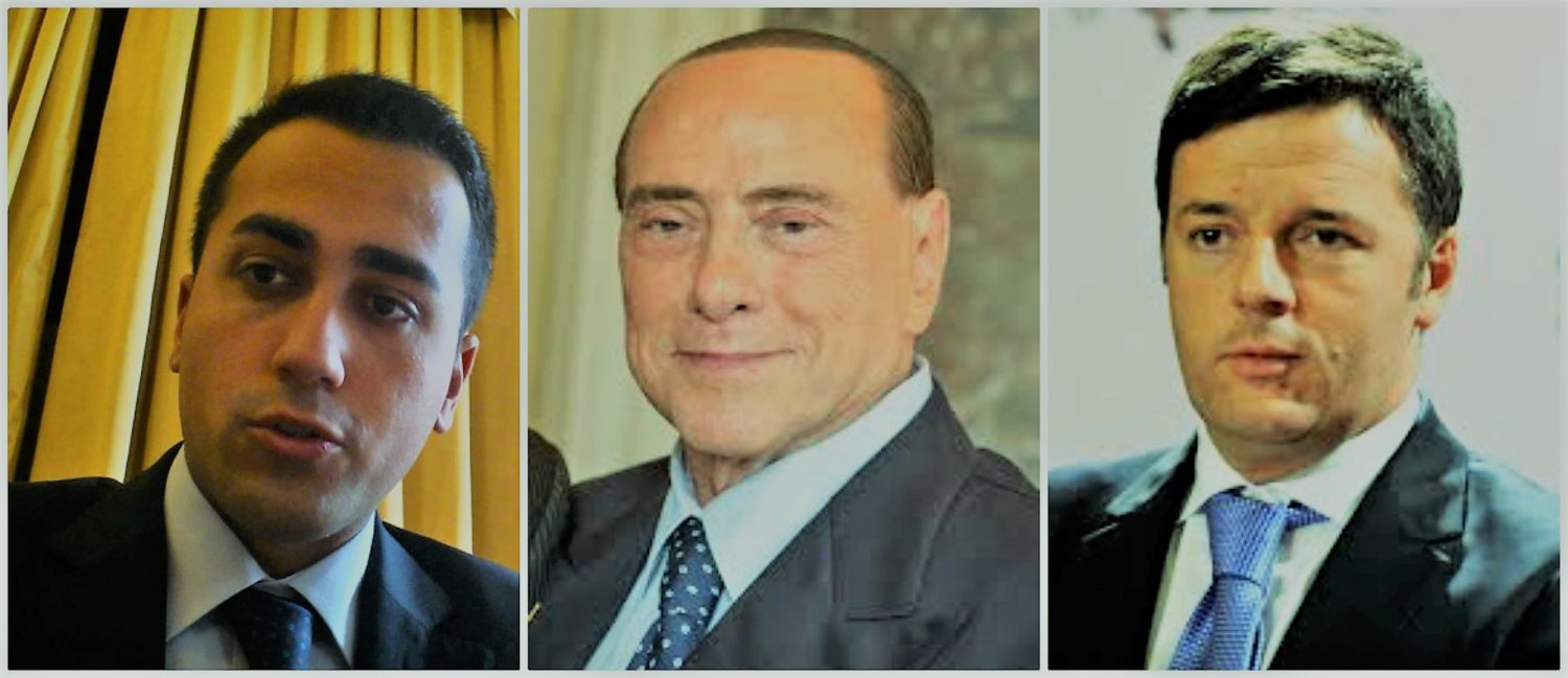 Italian elections collage Di Maio Berlusconi Renzi with neo filter