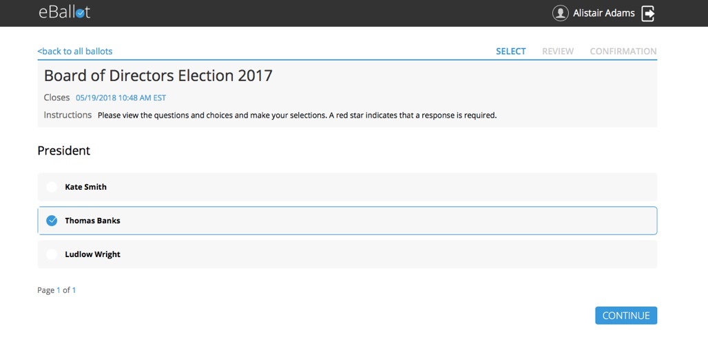 eBallot voting screen - online voting