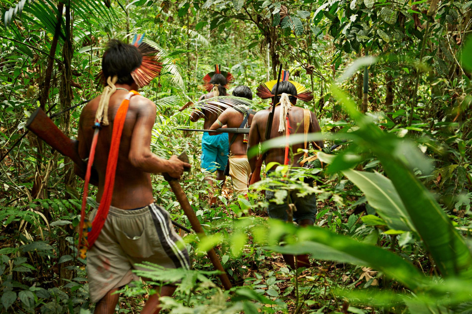 Men from Kayapo, an indigenous tribe living in the Amazon rainforest and fight against development and deforestation of the area.