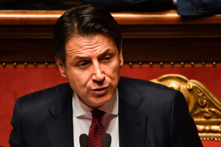 Italian Prime Minister Giuseppe Conte resignation speech at the Senate in Rome, on August 20, 2019     
Photo credits: ANDREAS SOLARO/AFP/Getty Images