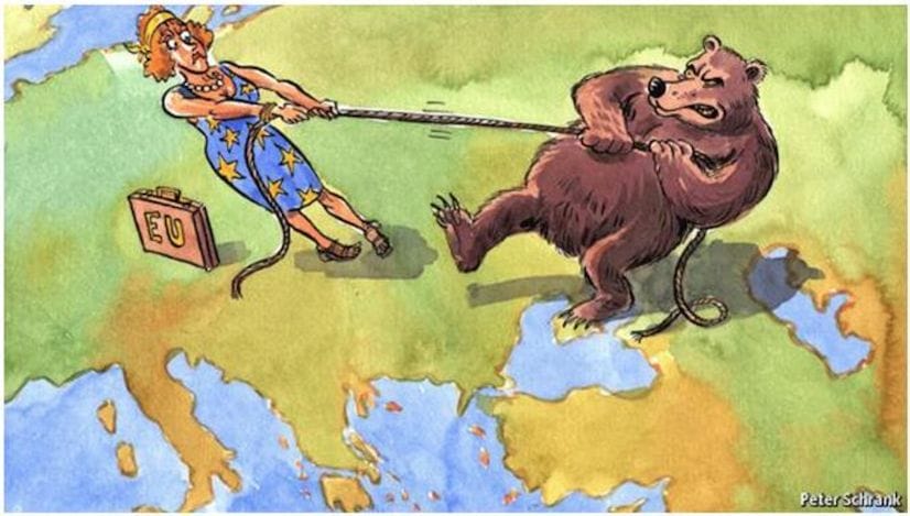 Political cartoon of the EU and Russia playing tug of war over the Balkans