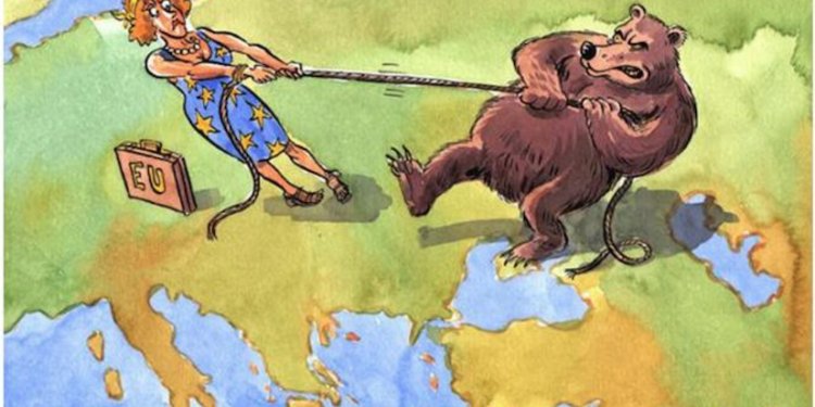 Political cartoon of the EU and Russia playing tug of war over the Balkans