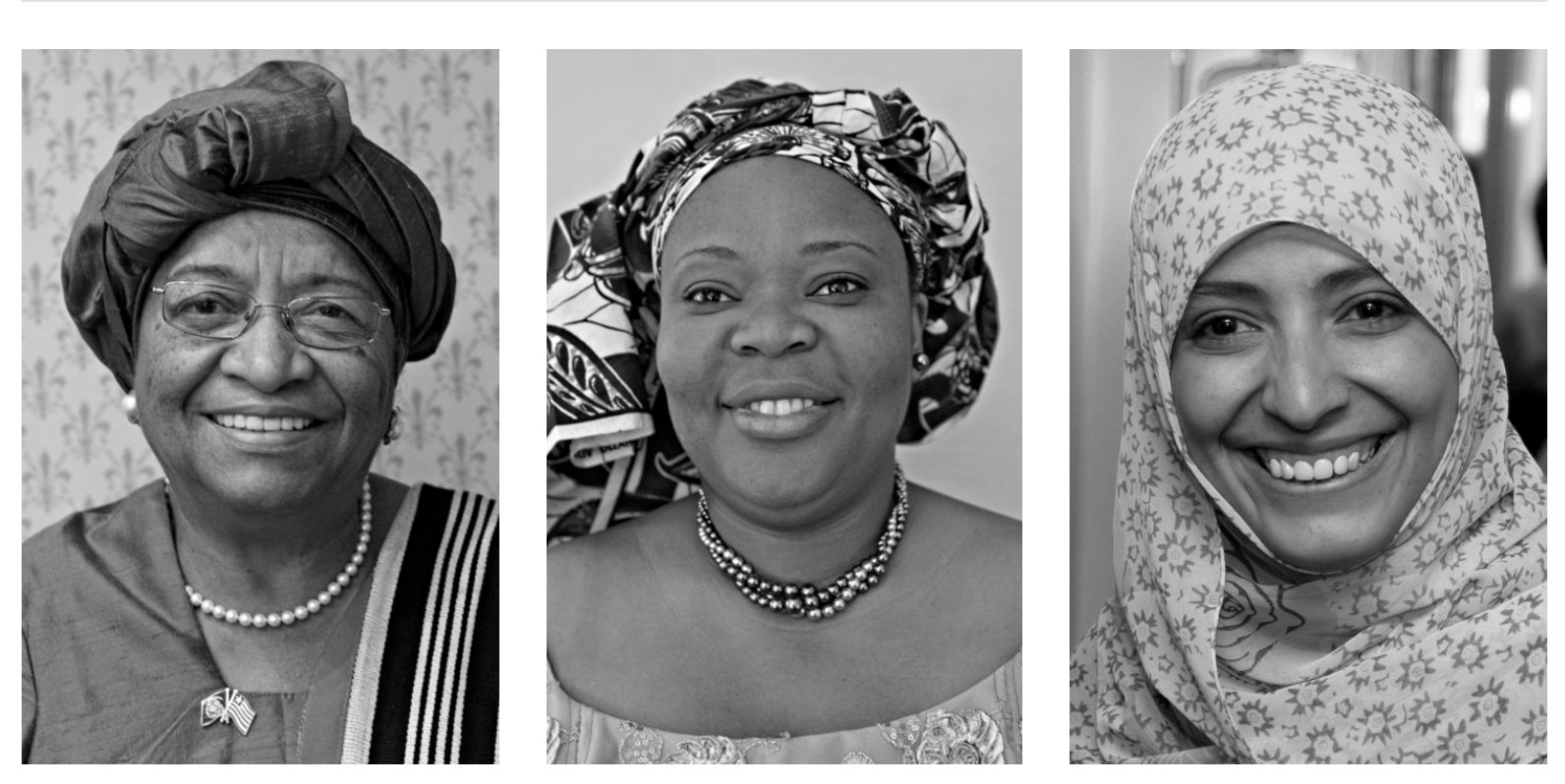 Nobel Peace Prize winners Ellen Johnson Sirleaf, Leymah Gbowee, and Tawakkol Karman