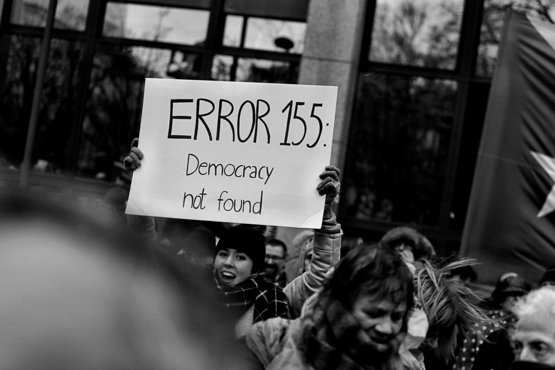 Democracy not found sign at protest