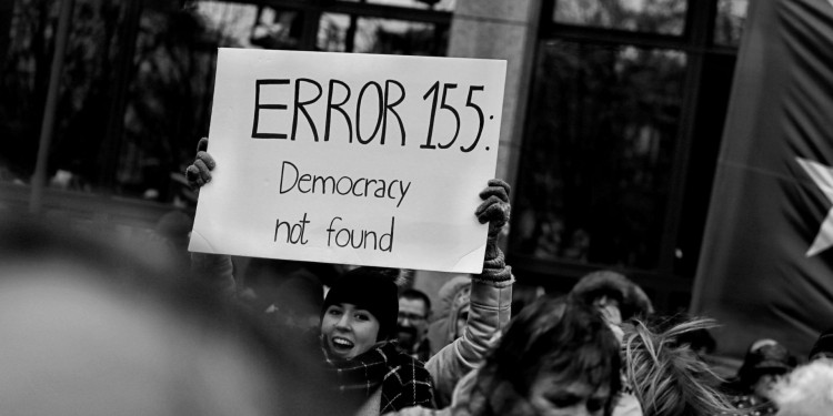 Democracy not found sign at protest