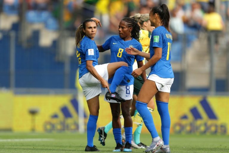 Marta celebrating her first goal in the 2019 World Cup, becoming the only players to score in 5 different editions of the tournament