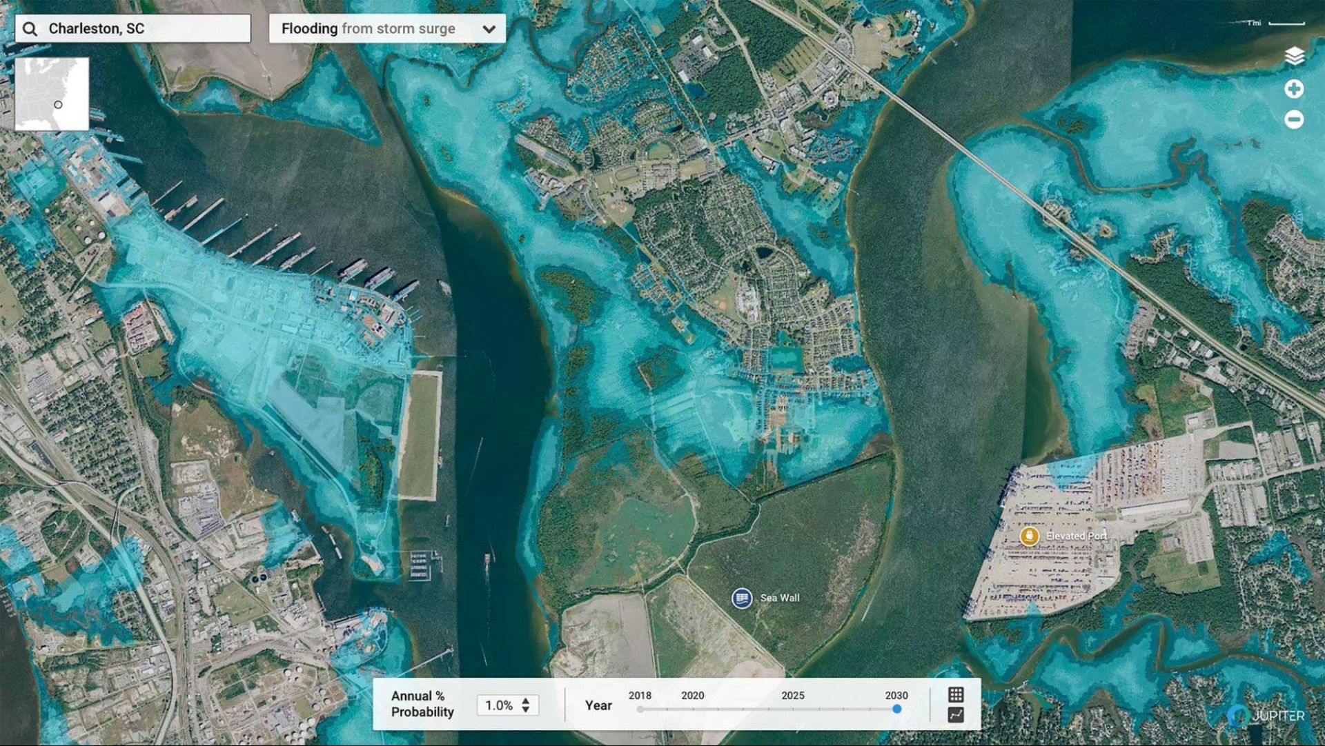 SOURCE: Jupiter Intel - map of Charleston that forecasts flooding from storm surges that have a 1 percent probability of occurring annually by 2030 under a high-end emissions scenario