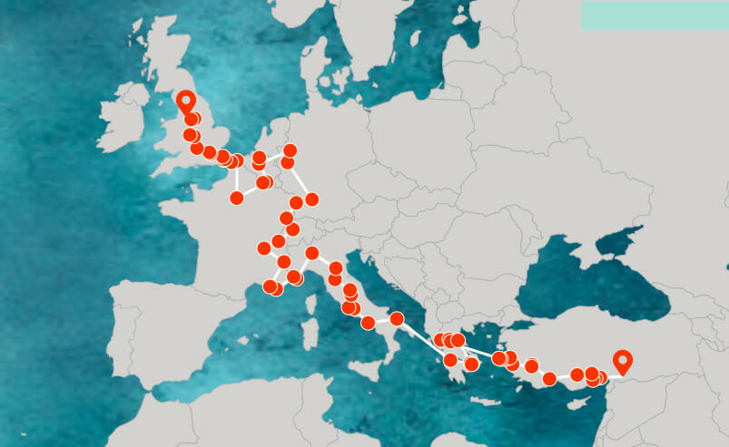 Map of Amal journey through Europe, following refugee route