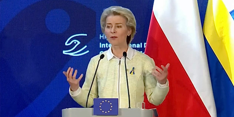 In the Photo: Ursula von der Leyen speaks at the Donors conference
Photo Credit: Standing with Ukraine Conference, Youtube