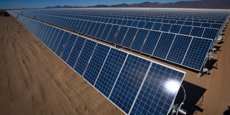 Solar energy farm as part of the Desert Renewable Energy Conservation Plan in the California Desert.
