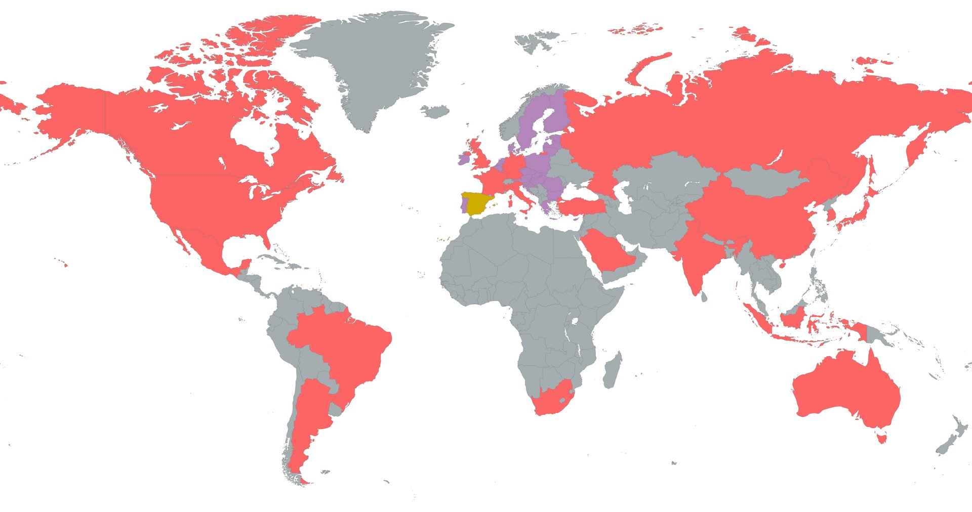 A world map in which G20 member nations are highlighted in red
