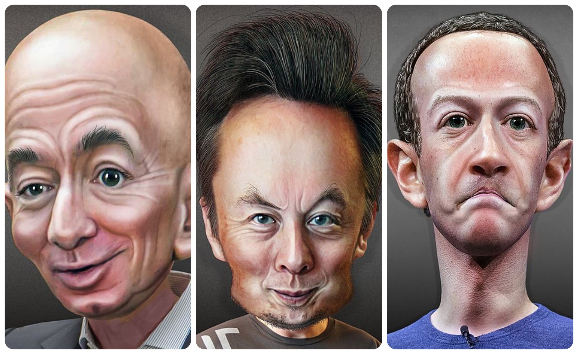 Caricatures of the CEOs of three big tech companies who have laid people off this week