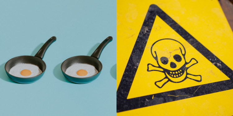 Teflon, one source of forever chemicals in the EU, next to the international sign for poison