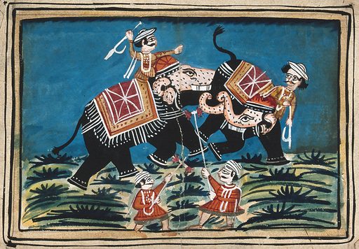 Gouache painting by an Indian painter showing two men on elephants and two men on the ground engaged in battle.