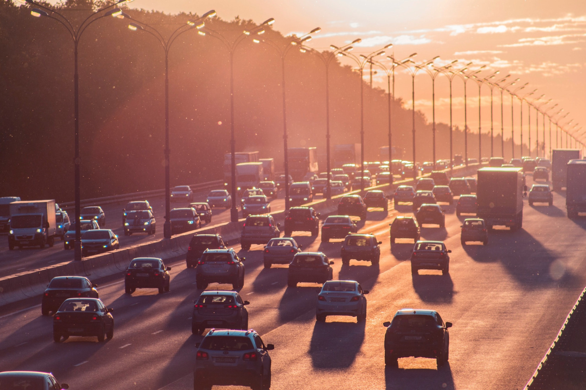 Traffic jam in Moscow at sunset