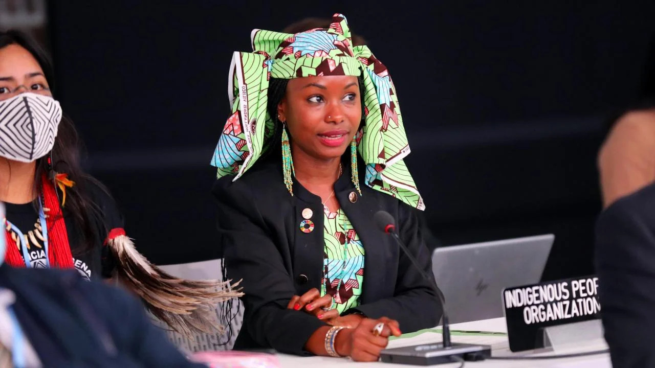 Hindou Oumarou Ibrahim, Association des Femmes Peules et peuples Autochtones du Tchad and Co-Chair, Local Communities and Indigenous Peoples Platform Facilitative Working Group, at the Glasgow Climate Change Conference in 2021.