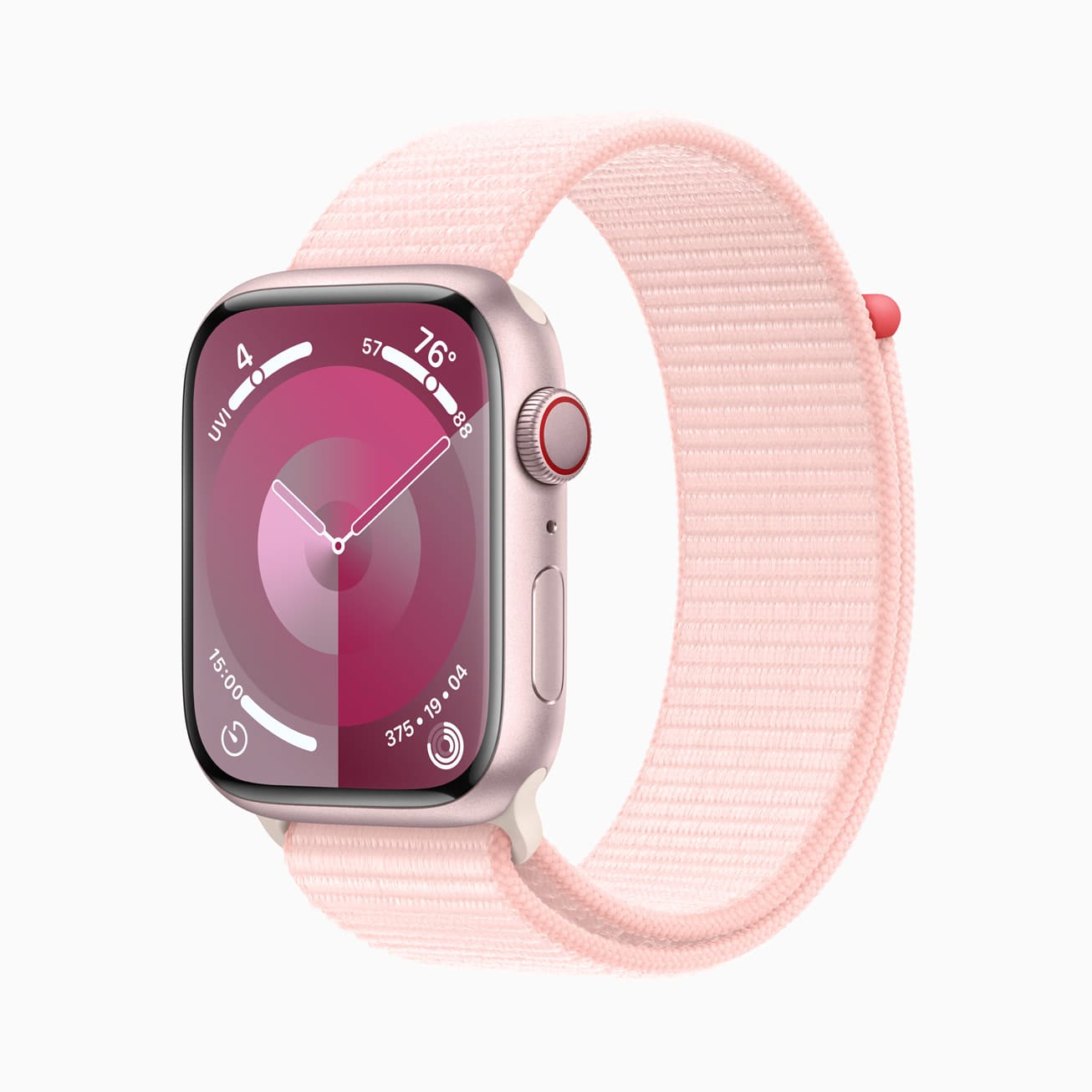 The pink aluminum Apple Watch Series 9 with the pink Sport Loop