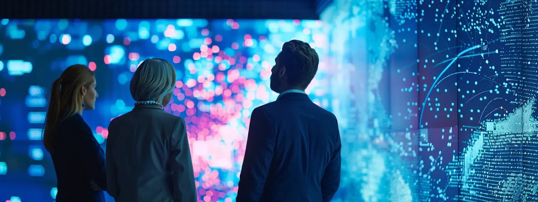 Marketing analysts review digital dashboards in a tech-driven office, illustrating how to use AI management to personalize and optimize subscriber communications.