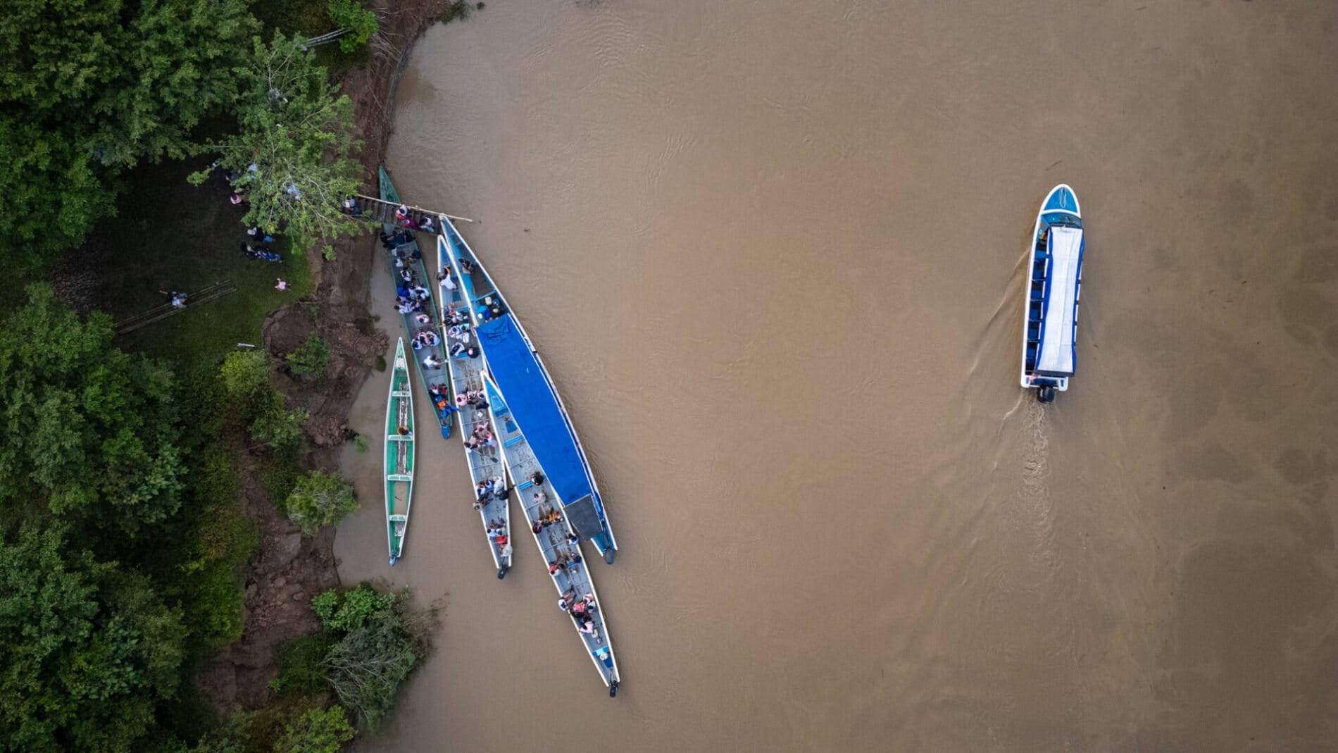 An aerial view of boats docked on a river in the rainforest, 