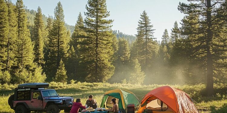 view of a camping site with a jeep and a diesel generator.