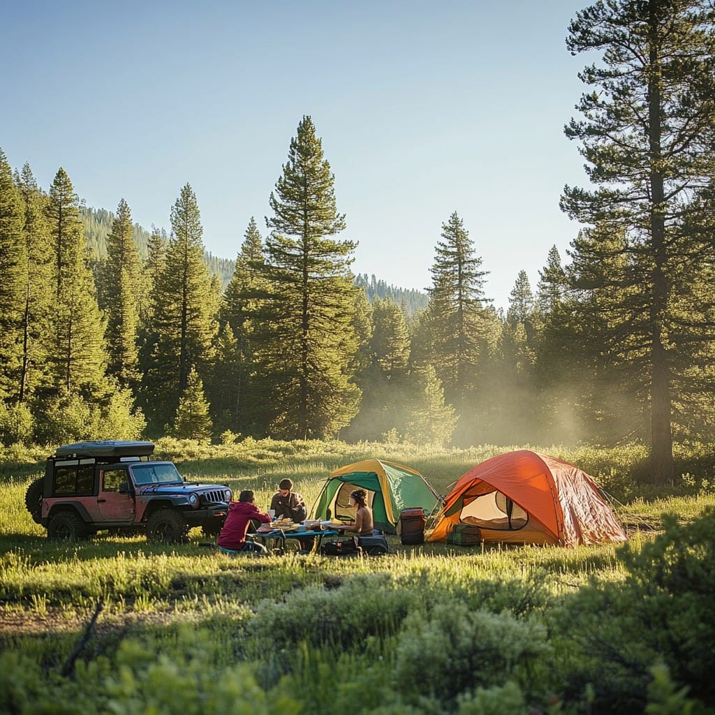view of a camping site with a jeep and a diesel generator.