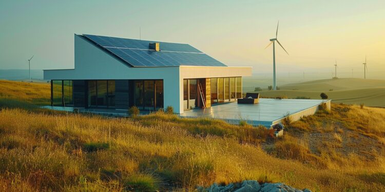 Decarbonise Real Estate - a house with wind energy turbine around it.