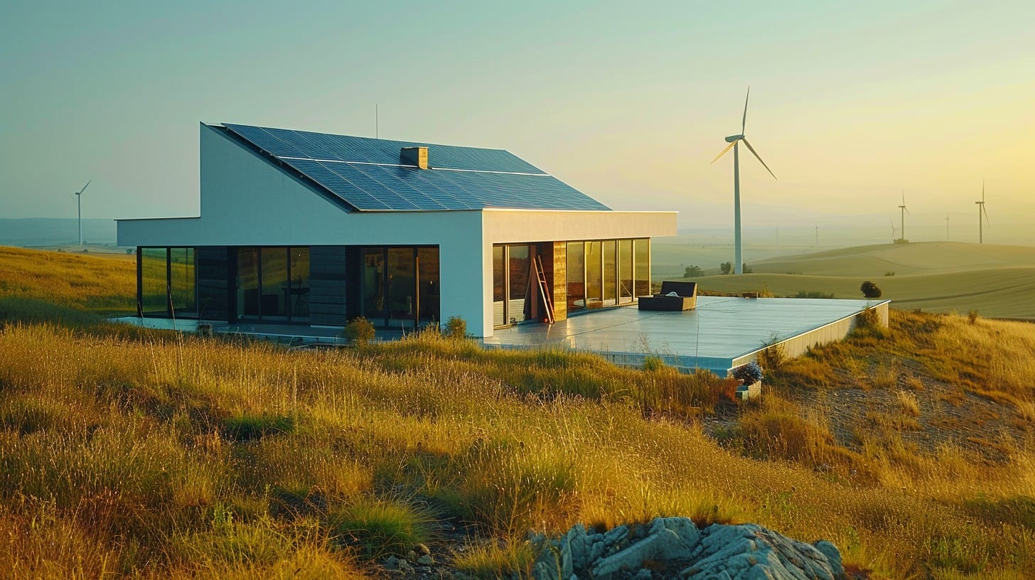 Decarbonise Real Estate - a house with wind energy turbine around it.