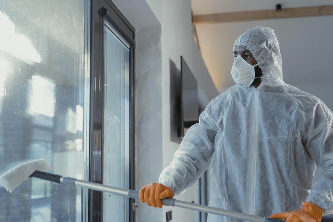 Industrial Hygiene carried by a A Man in a Coverall Suit Cleaning a Window