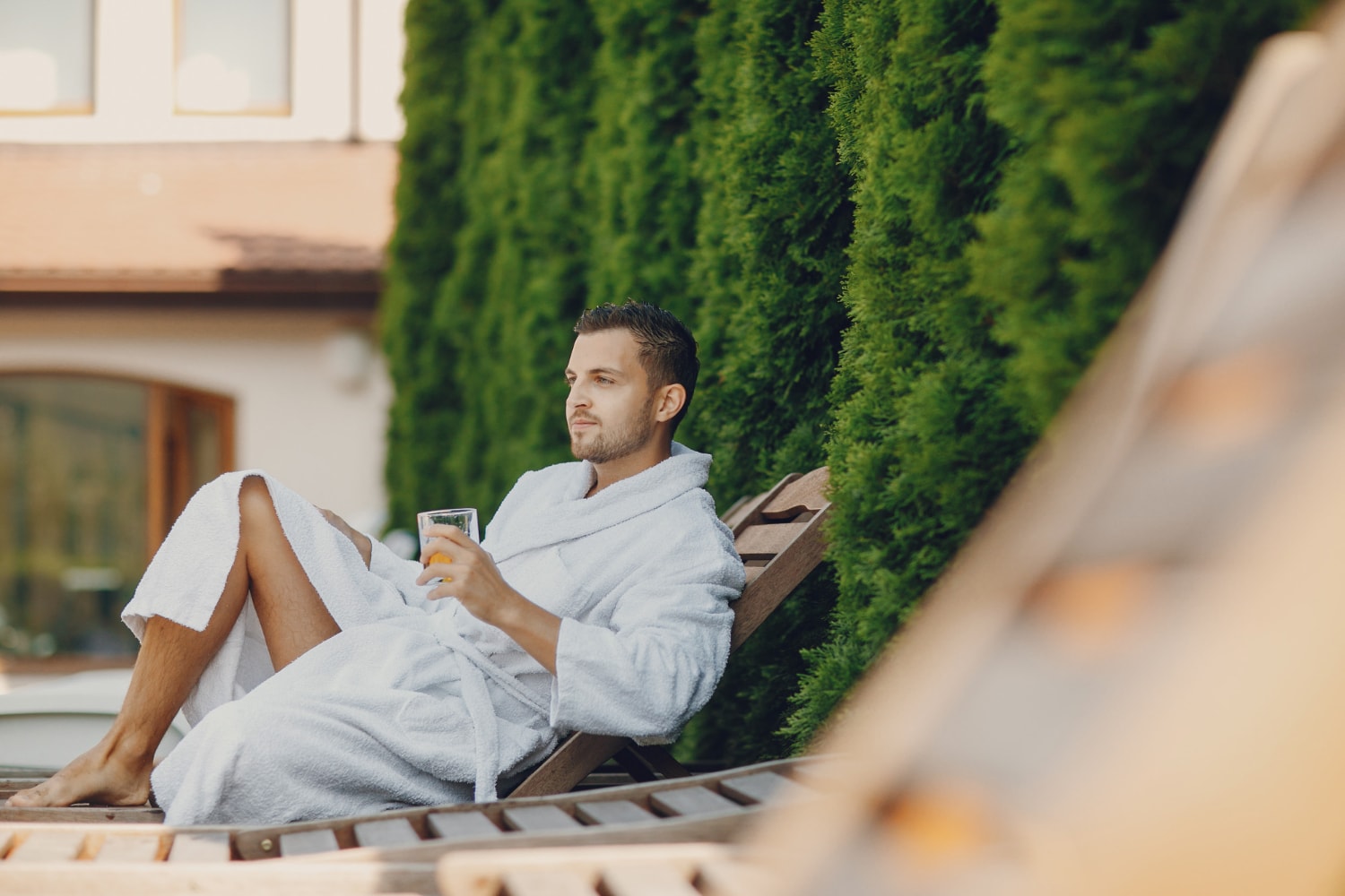 Men enjoying a luxury detox session with a touch of natural setting.
