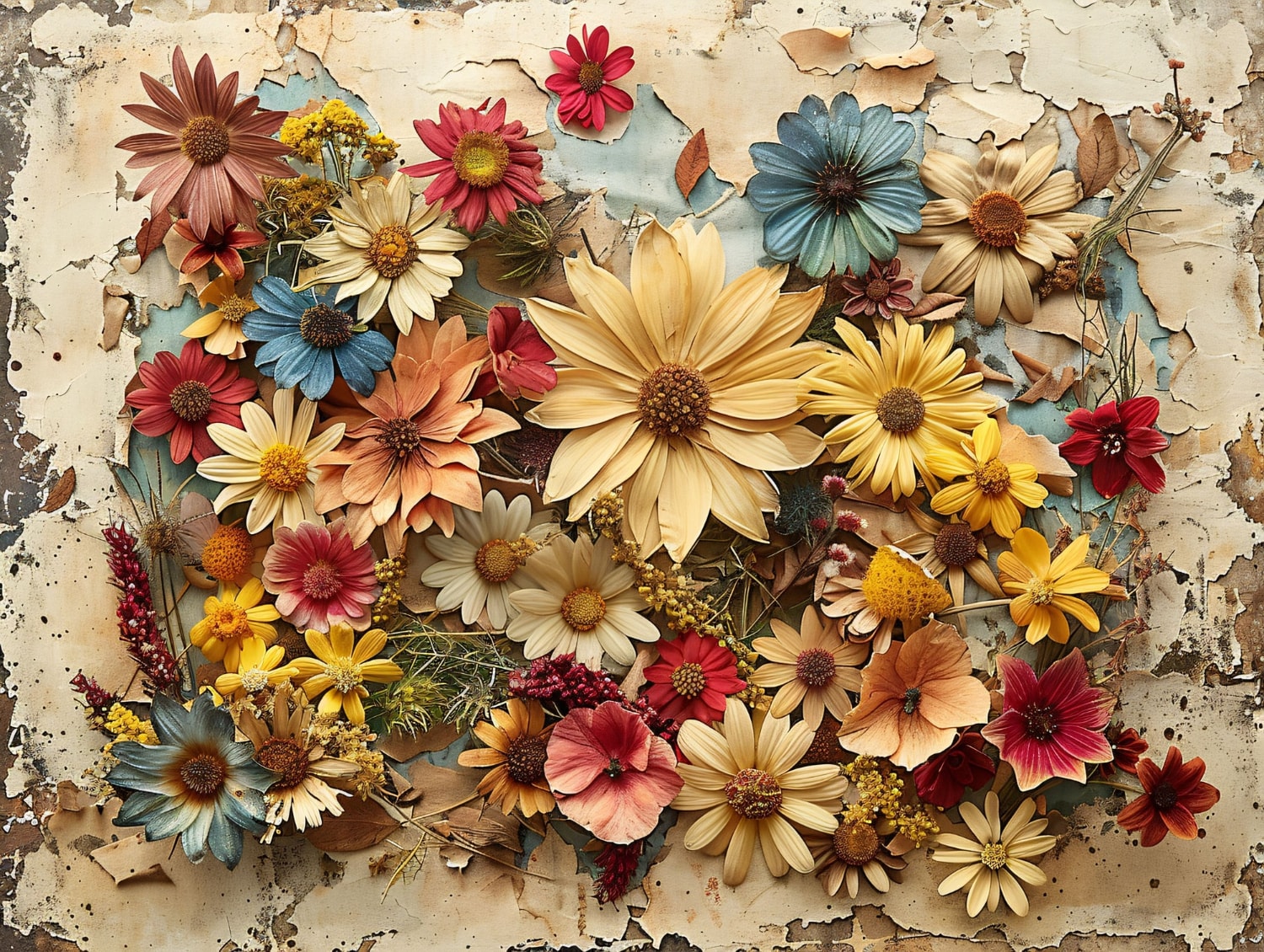 Canvas full of flowers in bright colours.