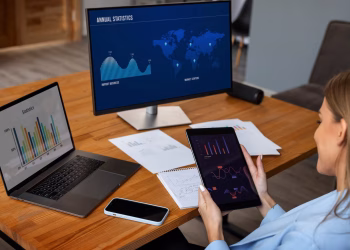 Woman checking cross-platform finance tools