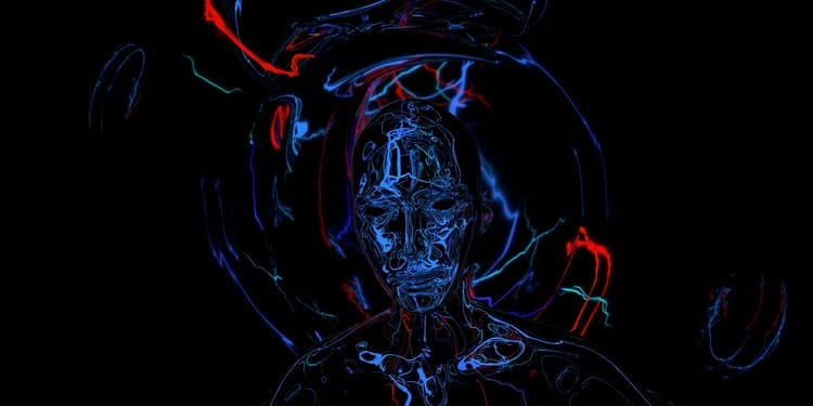 An abstract robotic figure is surrounded by glowing lines