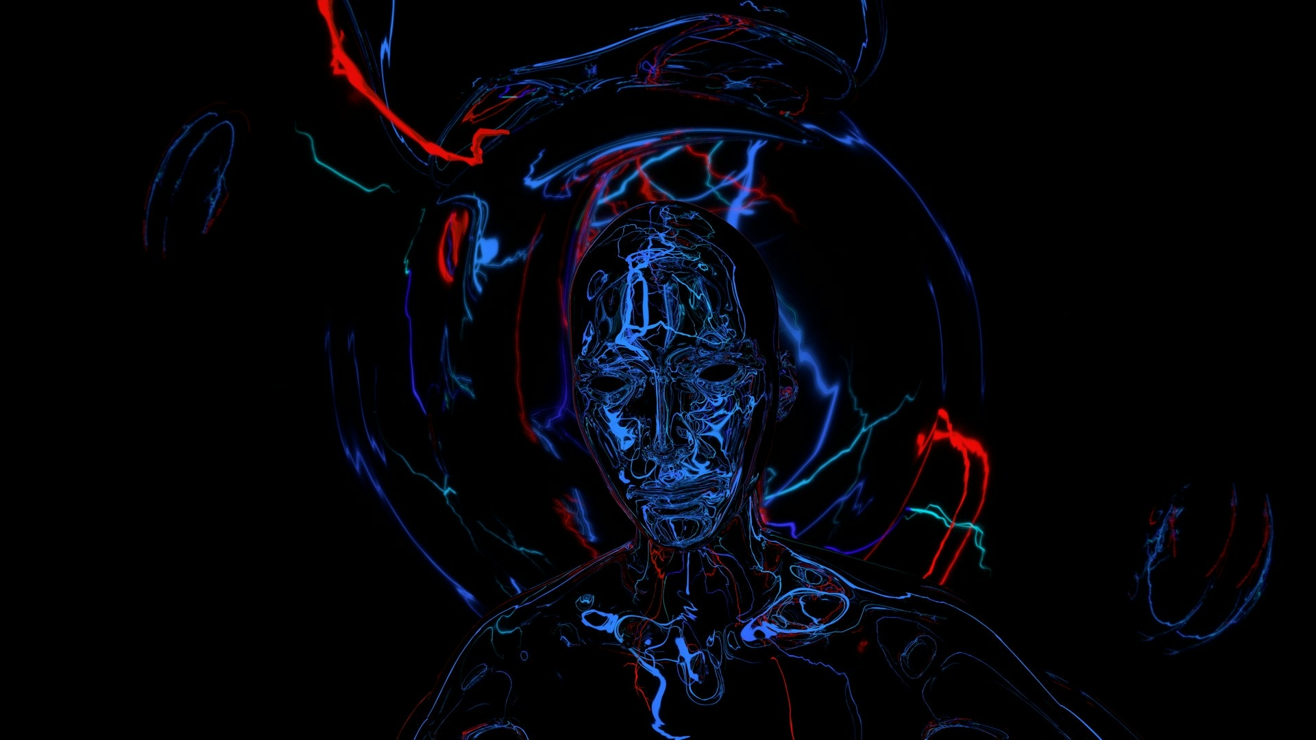 An abstract robotic figure is surrounded by glowing lines
