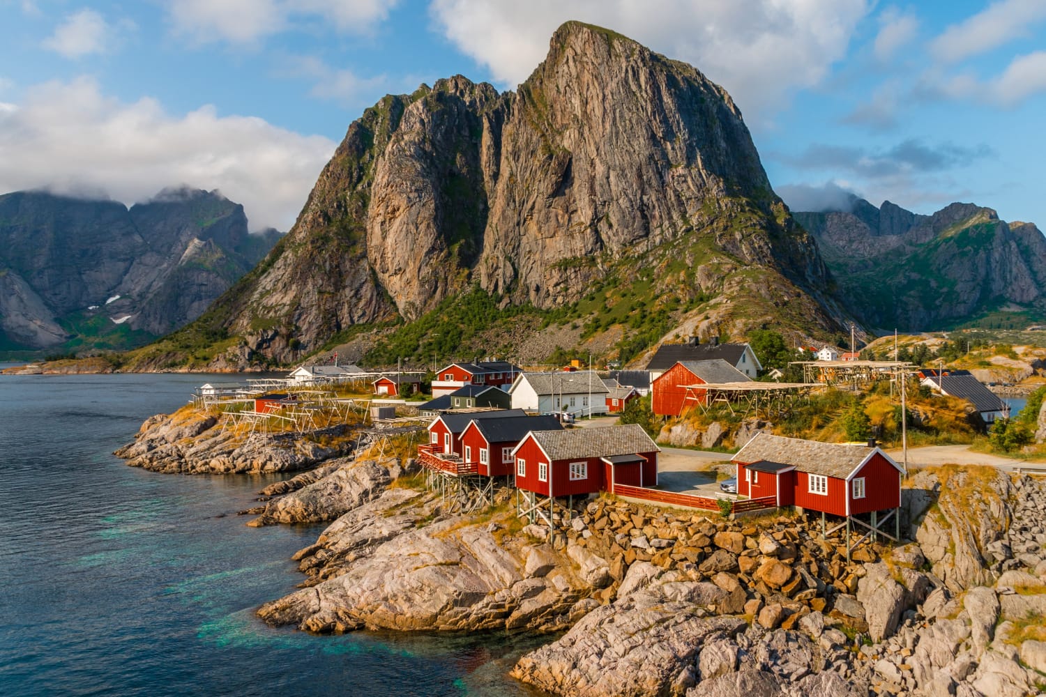 A view of Scandinavia and its eco-friendly travel accommodation on the coastline near Hamnøy, Lofoten islands, Norway