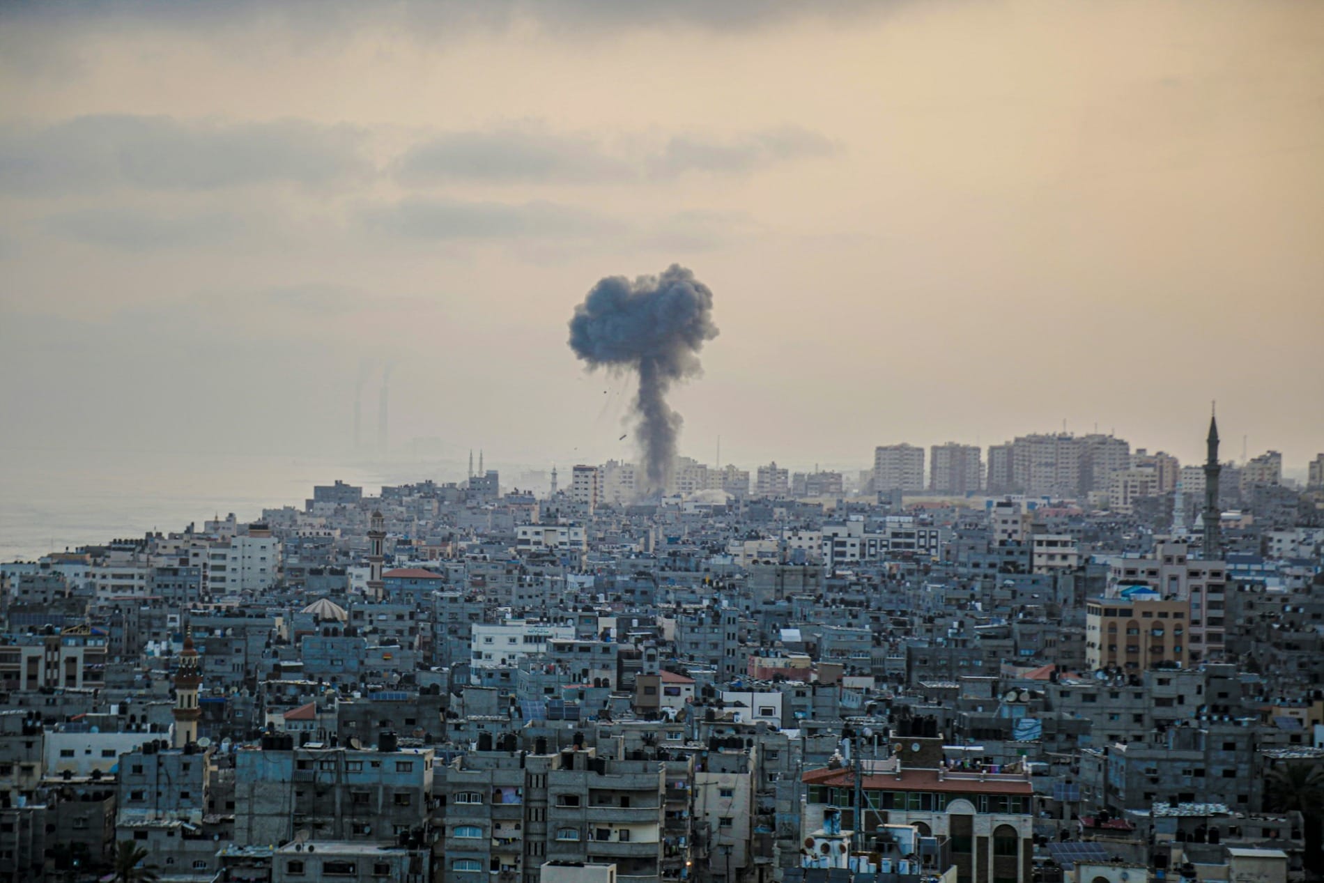 A smoke stack appears after a bomb is dropped in Gaza