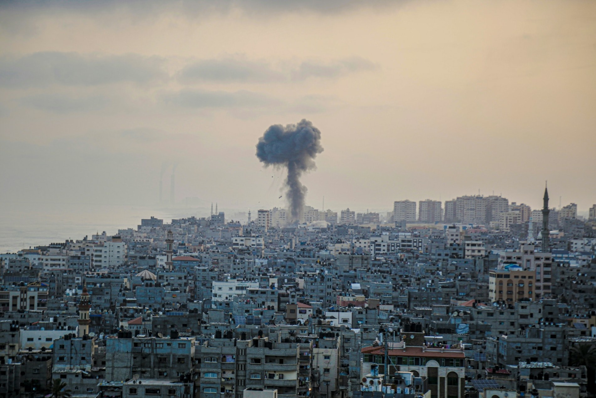 A smoke stack appears after a bomb is dropped in Gaza